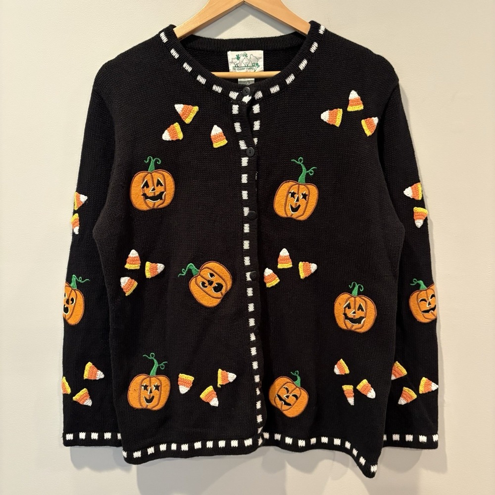 Vtg Quacker Factory Halloween Knit Sweater Cardigan Sz M Pumpkin Candy Corn